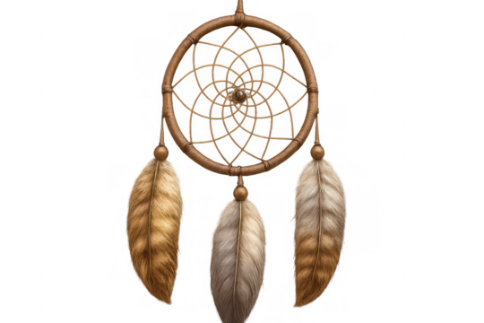 Native american dreamcatcher with feathers hanging on transparent background, protecting from bad dreams and letting good dreams flow