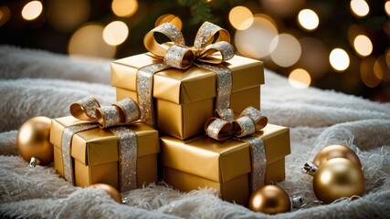 Festive Golden Gift Boxes Arranged Beautifully on a Soft White Blanket Surrounded by Shiny Ornaments During the Holiday Season