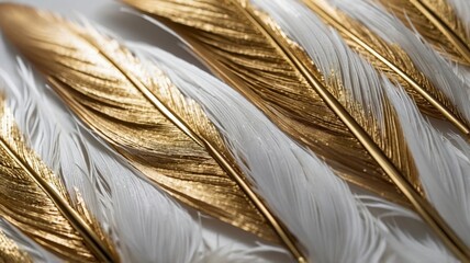 Elegant Arrangement of Golden and White Feathers Showcasing Intricate Details and Textures Captured in Soft Light