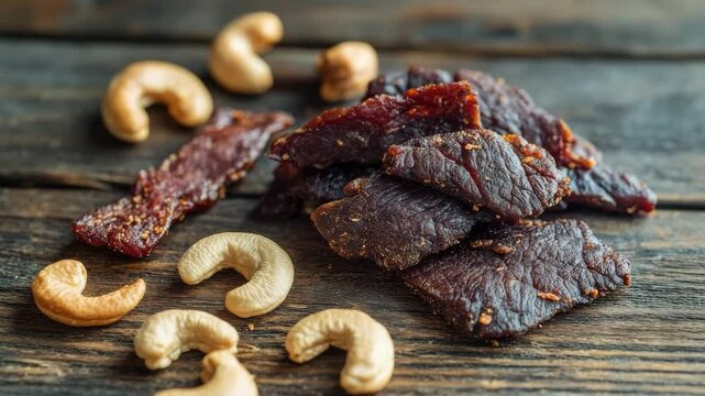 Delicious jerky and crunchy cashew nuts on a rustic wooden surface, perfect healthy snack.