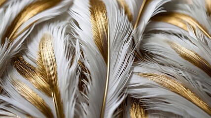 Beautiful White and Gold Feathers Arranged in an Artistic Display, Showcasing Intricate Details and Textures in a Creative Composition