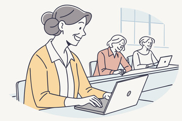 Smiling women using computer in adult education class, ideal for learning, skills, or career development.