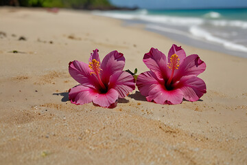 Fototapeta premium Pink plumeria blossom on a tropical beach with blue sky and ocean.