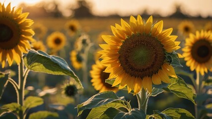 Sunflowers Blossoming in a Golden Field at Sunset, Creating a Vibrant Display of Nature's Beauty in the Late Afternoon Light