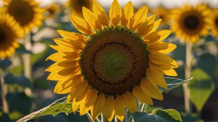 Vibrant Sunflowers Bloom Under the Golden Sun in a Vast Field During Late Afternoon in Summer