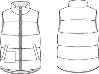 Puffer vest flat sketch, sleeveless jacket front and back, CAD technical drawing, winter outerwear vector, detailed garment template, fashion illustration, apparel design, mockup