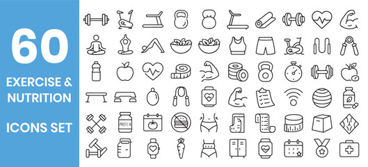 Exercise and nutrition icon set, fitness, wellness, healthy food, gym, weight loss, workout line vector collection