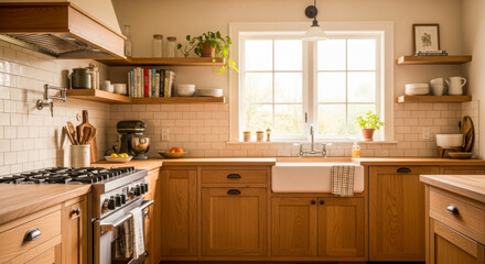 Fototapeta premium A bright and airy kitchen features warm wooden cabinetry, open shelving with decor, a farmhouse sink, and a modern range with a matching hood.