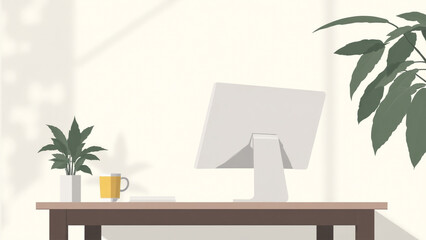 Minimalist Home Office Desk Setup: Computer, Plants, and Morning Coffee