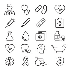 Medical and healthcare icon set. Doctor, pills, syringe, heart rate, first aid, health symbols line vector collection