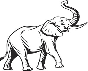 Silhouette of a standing elephant in a bold black-and-white vector style on a white background,
