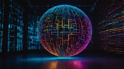 Vibrant Neon Sphere Illuminated in an Art Installation With Colorful Light Patterns Reflecting on the Surrounding Walls at an Indoor Venue
