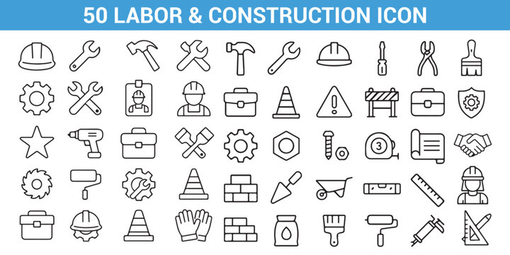 Labor and Construction Icon Set &ndash; Tools, Workers, Safety, Engineering, Building Line Vector Collection