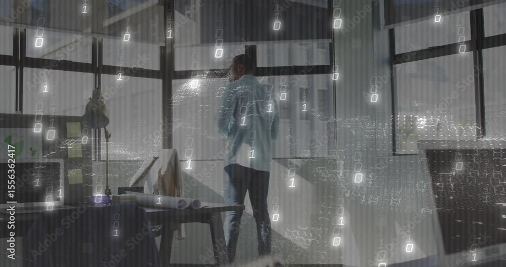 Aufkleber mature man at desk gazing through window, causing binary digits swirling for data analysis