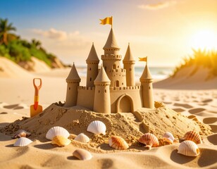 Sandcastle by the Sea: A meticulously crafted sandcastle stands proudly on a sandy beach, adorned with miniature flags and seashells, basked in the warm glow of sunlight and the gentle sea breeze.