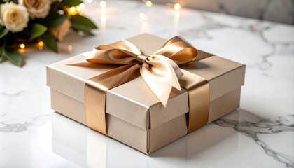 Elegant gift box with a satin ribbon on a marble surface surrounded by soft lighting and flowers