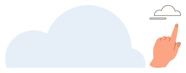 Hand pointing at a small cloud symbol hovering above a larger cloud. Ideal for technology, cloud computing, data storage, innovation, digital concepts, minimalism, user interface. Simple flat