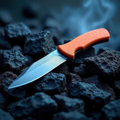 Survival Knife with Water Droplets on Porous Stone