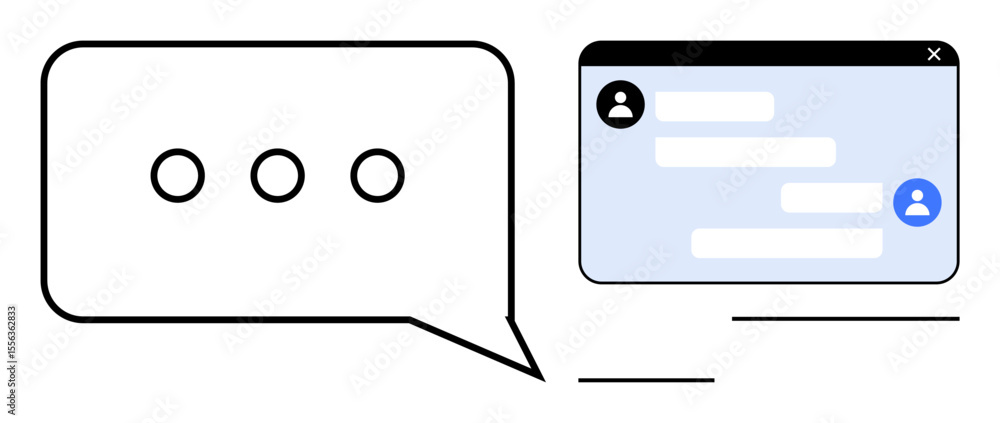 Poster messaging bubble with dots and interface window featuring user icons and text. ideal for teamwork, c