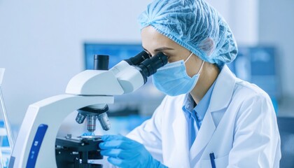 Microscopic Marvel: A dedicated scientist peers through a microscope, engrossed in scientific exploration within a cutting-edge laboratory setting.