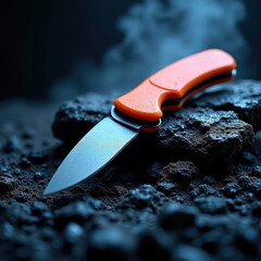 Survival Knife with Water Droplets on Porous Stone