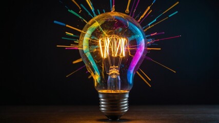 Colorful Light Bulb Design With Vibrant Bursts of Paint Illuminating Creativity and Innovation in a Dark Background Setting