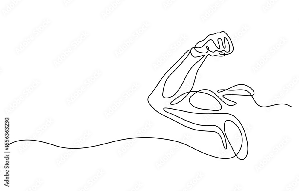 Poster arm shows bicep fist. man's hand shows a fist on the biceps in line style. shows bicep continuous on