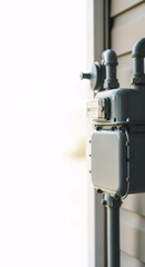 Residential gas meter on a house wall. Natural energy infrastructure for home heating. Utility supply, maintenance, and safety.