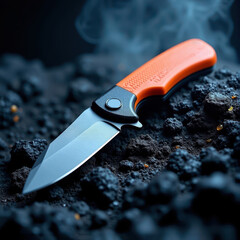 Survival Knife with Water Droplets on Porous Stone