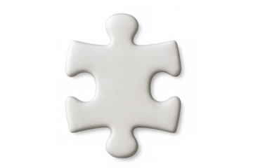 Single white jigsaw puzzle piece isolated on a transparent background, symbolizing problem-solving, strategy, and connection