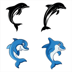 Fototapeta premium Four Dolphin Illustrations Showcasing Different Styles and Perspectives, From Sleek Silhouettes to Cheerful Cartoons, on a Clean White Background
