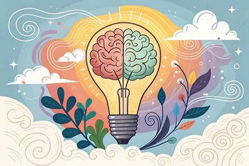 Vibrant brain lightbulb with swirling clouds and foliage creativity imagination