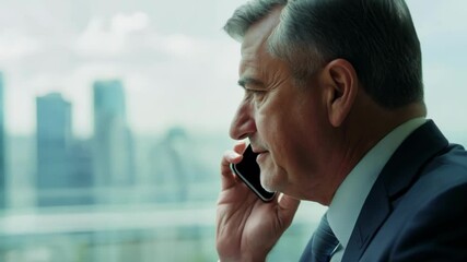 Professional middle-aged businessman in dark suit talks confidently on mobile phone while standing near large office windows with modern city skyline background - Powered by Adobe