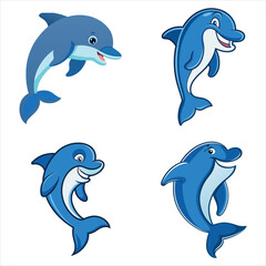 Naklejka premium Delightful Dolphin Collection A Set of Playful Cartoon Marine Mammals Posing with Joyful Expressions and Energetic Movements in an Array