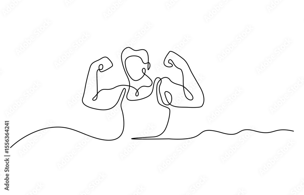 Poster arm shows bicep fist. man's hand shows a fist on the biceps in line style. shows bicep continuous on