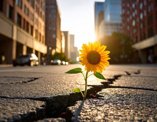 A vibrant sunflower growing defiantly through cracked city pavement, captured in golden hour light &ndash; symbol of hope, resilience, and nature reclaiming space in an urban jungle.