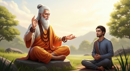 Guru Purnima Spiritual Guidance in Nature &ndash; Guru Sharing Ancient Teachings with Devoted Disciple in Forest Setting During Guru Purnima Festival, Symbolizing Respect, Wisdom, and Peace