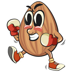 cute almond mascot cartoon vector illustration boxing wearing boxing glove, isolated nut character for healthy food branding, packaging, and snack advertisement, work of hand drawn