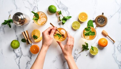 Refreshing Cocktails Preparation With Fresh Fruit And Herbs On Marble Counter