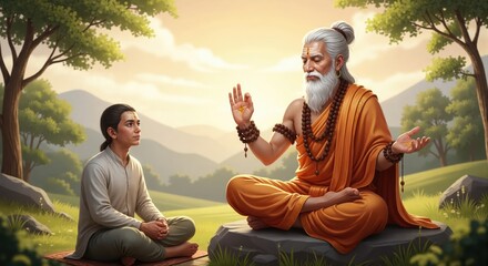 Guru Purnima Realistic Art of Guru in Nature – Young Disciple Listening to Spiritual Guru’s Teachings Amid Peaceful Forest Landscape, Wisdom and Devotion in Harmony
