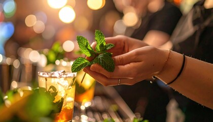 Bartender Preparing Cocktail With Fresh Mint Leaves