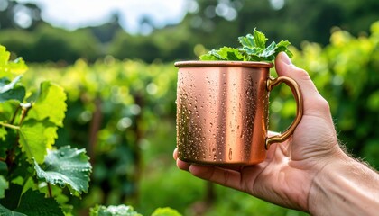 Copper Mug With Herbs In Vineyard