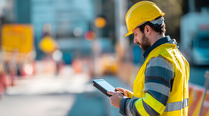 Construction Worker in Safety Vest and Hard Hat Using Tablet at Roadwork Site
