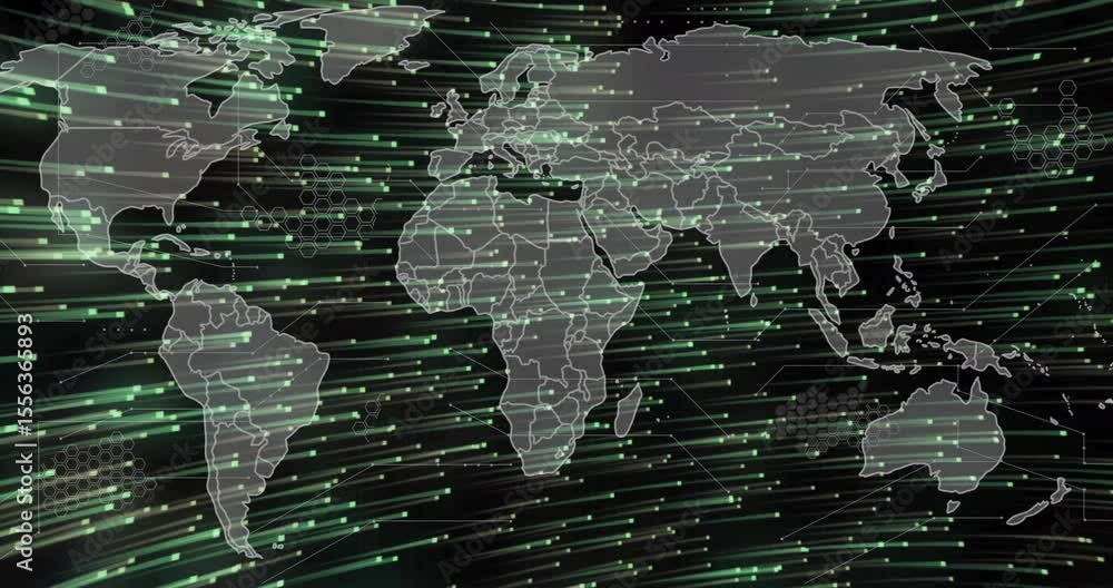 Poster light streams starting map expansion, global map drawing borders and hex patterns showing data flow