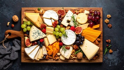 Assorted Cheese And Fruit Platter On Wooden Board