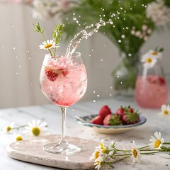 Refreshing pink gin cocktail with strawberries and daisies