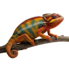 Colorful chameleon perched on a branch isolated on transparent background