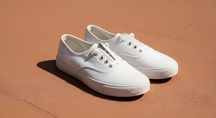 Naklejka premium White Casual Sneakers on Terracotta Surface in Bright Sunlight