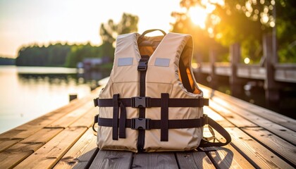 Beige Life Vest On Wooden Dock At Sunrise Over Lake