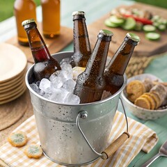 Amber beer bottles chilling in ice bucket cold